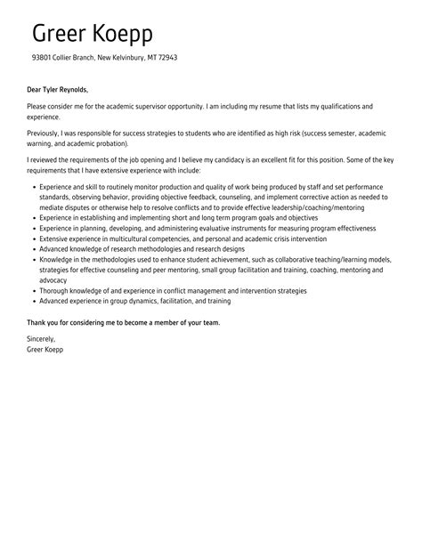 Academic Supervisor Cover Letter Velvet Jobs