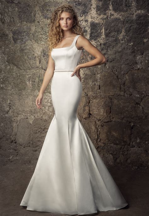Marina sleeveless side drape scuba gown $159.00. Sleeveless Satin Square Neck Mermaid Wedding Dress With ...