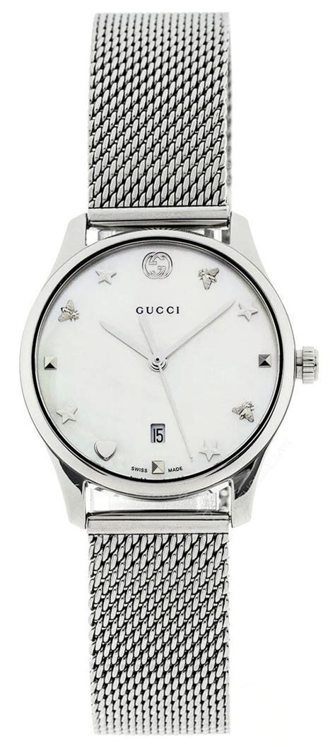 Gucci G Timeless Wht Mother Of Pearl Dial Mesh Bracelet Watch Ya126583