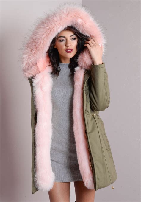 Pink Faux Fur Hooded Full Padded Parka Coat Khaki Green Parka Jacket