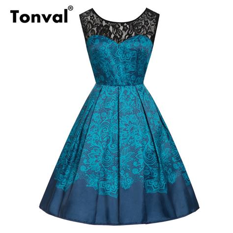 Tonval Blue Floral Print Contrast Lace Sweetheart Vintage Dress Women Backless Party Pleated