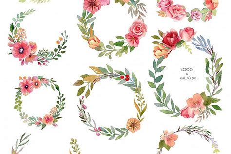 Watercolor Flowers Wreaths Collection Set Watercolor Flower Wreath
