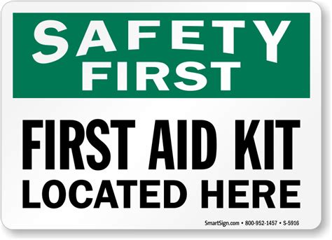 First aid kits generally have bandages, medication, and supplies for cleaning and treating wounds, but without any mandatory guidelines, specific contents and quantities vary. First Aid Kit Located Here Sign, SKU: S-5916 ...