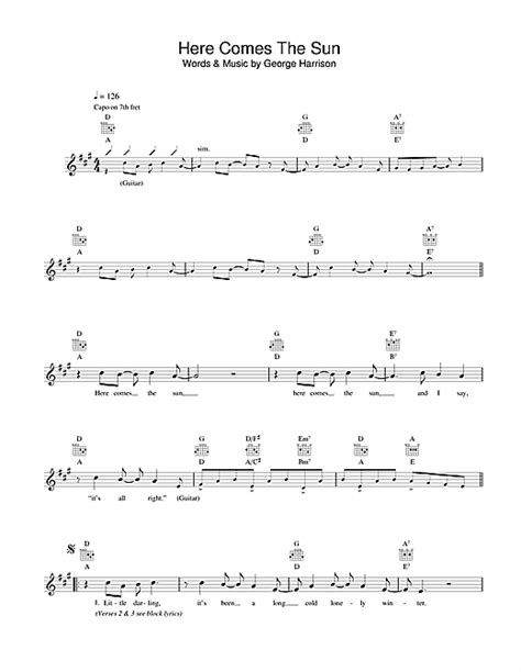 Here Comes The Sun Chords By The Beatles Melody Line Lyrics And Chords