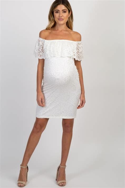 white lace off shoulder fitted maternity dress in 2021 maternity dresses fitted maternity