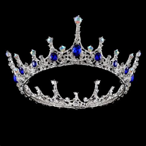 Fashion Bride Blue Crystal Crown Full Round Wedding Tiara Rhinestone Headpiece Prom Pageant