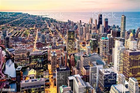 Aerial View Of Chicago At Dusk Stock Photo Download Image Now