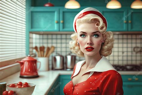 Premium Ai Image 50s Style Beautiful Blonde Housewife Cooking Retro Pin Up Style Woman