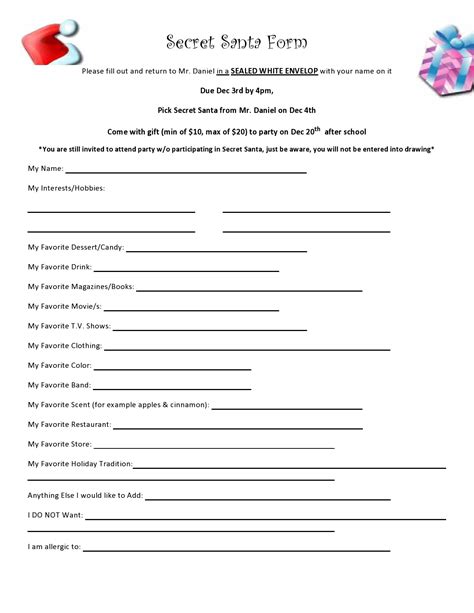 Secret Santa Questionnaire Free Printable Printable Blank World
