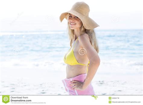 Smiling Blonde Standing By The Sea And Looking At Camera Stock Photo Image Of Happy Spare