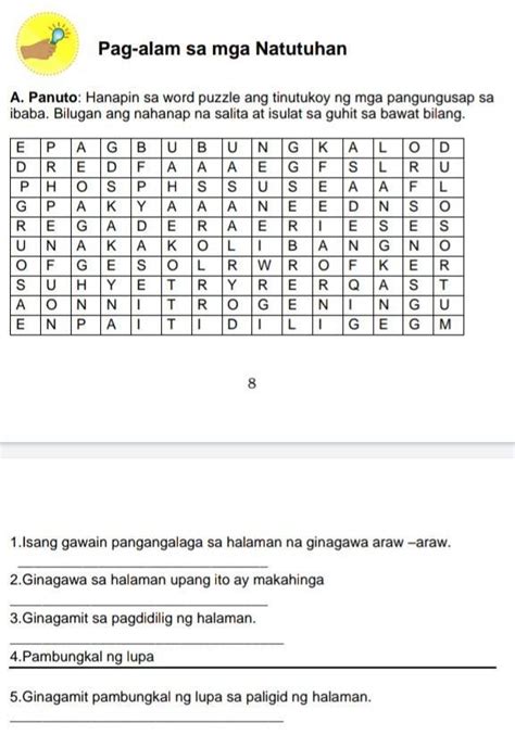 A Panuto Hanapin Sa Word Puzzle Ang Tinutukoy Ng Mga Pangungusap Sa