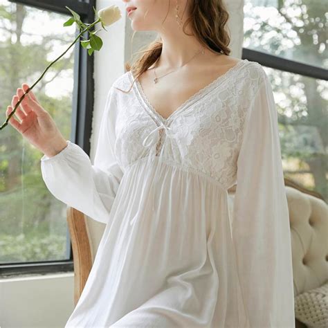 buy vintage nightgowns v neck ladies dresses princess white sexy sleepwear solid lace home dress