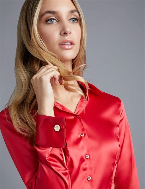Womens Red Fitted Satin Shirt Double Cuff Hawes And Curtis Blouse And Skirt French Cuff