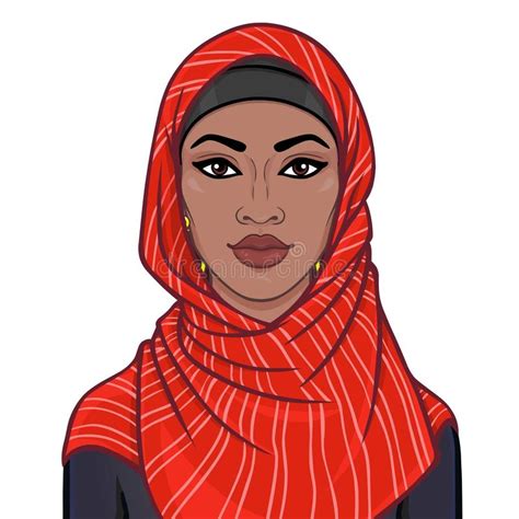 Muslim Woman In Red Hijab In Cartoon Style Isolated On