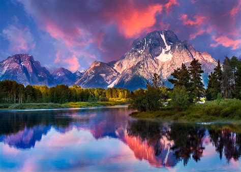 Nature Landscape Mountain River Forest Grass Sunrise Snowy Peak Sky Clouds Reflection