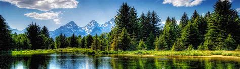 Beautiful River Trees Snow Mountain Clouds Nature