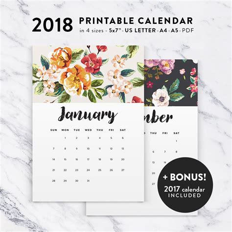 2018 Calendar Printable Floral Calendar Printable Planner
