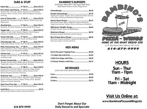 bambino s pizza and wings 614 879 9999 menu page 1 in west jefferson oh 43162