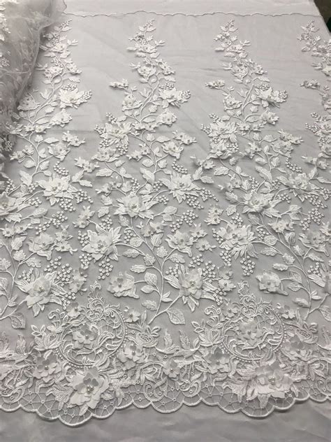 Bridal Lace Fabric Hand Embroidered Flower 3d Pearls White For Veil