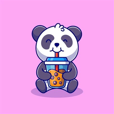 Free Vector Cute Panda Drinking Boba Milk Tea Cartoon Icon