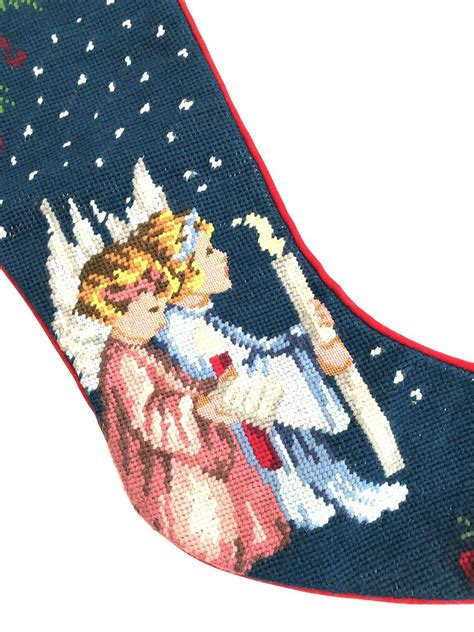 Vintage Needlepoint Stocking / Christmas / Angels / Candles / Velvet