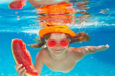 Summer Watermelon Young Boy Swim And Dive Underwater Under Water