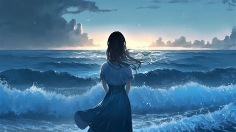 Download Wallpaper 1920x1080 Girl Ocean Waves Alone Anime Blue
