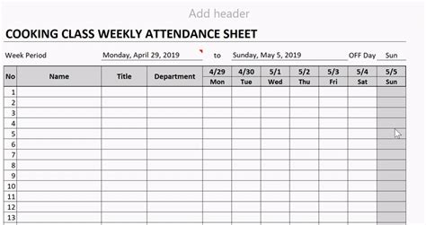 Weekly Attendance Sheet