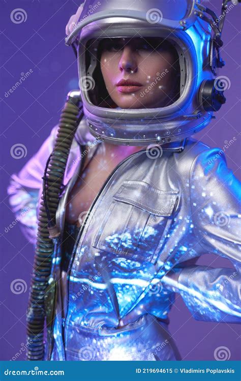 nude cosmic woman in silver suit and helmet stock image image of nude open 219694615