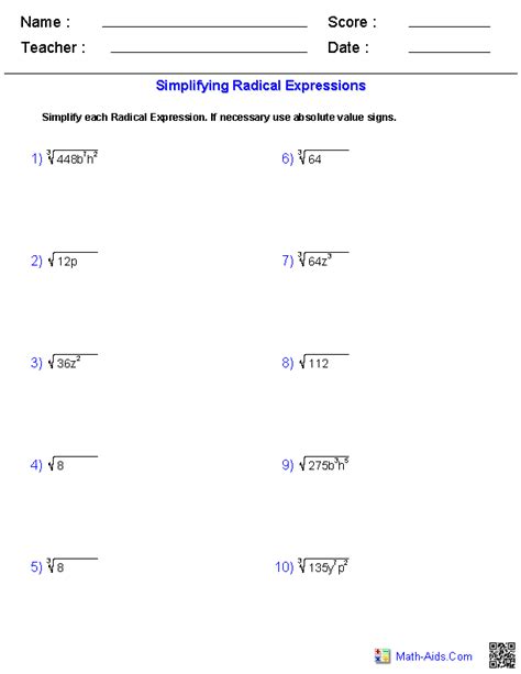 Simplifying Radical Numbers Worksheet