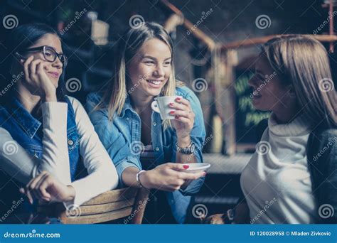 Three Best Girls Friends Talking In Cafe Stock Photo Image Of Cafe