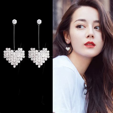 Korean Temperament Cubic Zirconia Crystal Heart Earrings Long Ear Clips Non Pierced Earrings For