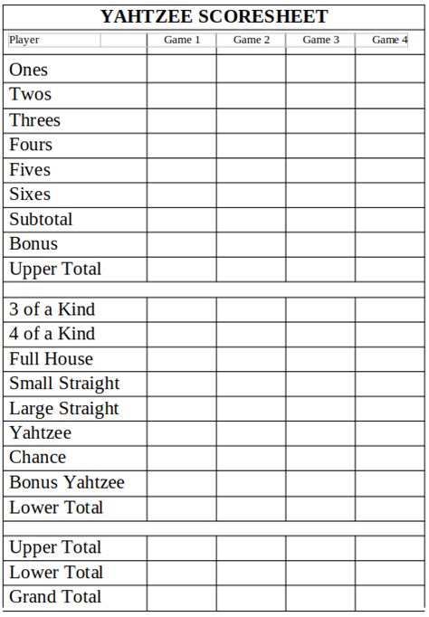 Triple Yahtzee Score Card Printable