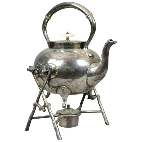 Antique Spirit Kettle On Stand Decorative Silver Plated Tea Pot At