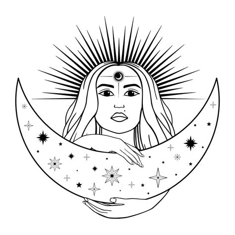 Mulher Mística Desenhada De Mão Com Sol Lua E Estrela Na Arte Em Linha