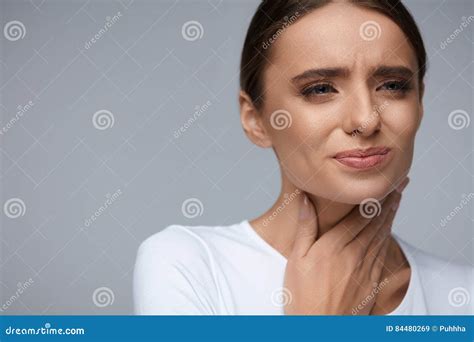 Throat Pain Beautiful Woman Having Sore Throat Painful Feeling Stock