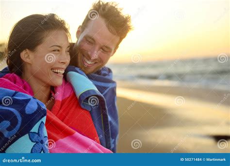 Romantic Smiling Mixed Race Couple On Beach Sunset Stock Photo Image