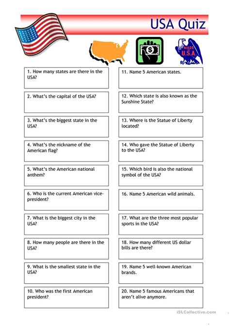 Create and print a quiz with trivia questions in random categories or in any subcategory of your choice. Quiz - USA Trivia worksheet - Free ESL printable ...