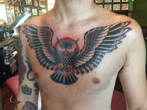 Colorful Chest Owl Tattoos