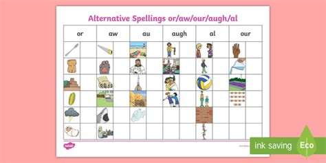 Alternative Spellings or aw au augh al our Worksheets - Twinkl