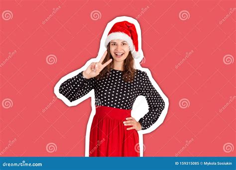 Confident Happy And Outgoing Woman In Dress Showing Victory Or Peace