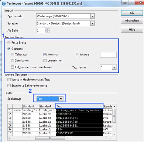 Auf diese weise passen mehr spalten, aber weniger zeilen auf eine seite. Vorbereitungen für einen Datenimport per CSV Datei - blau ...