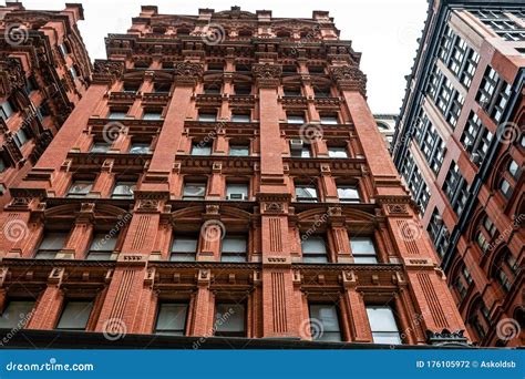 Facade Of A Typical Ancient Red Brick Building In Manhattan New York
