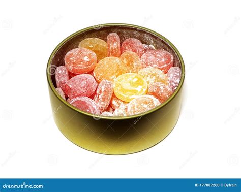 Candies In A Metal Box Isolated On A White Background Sweets Stock