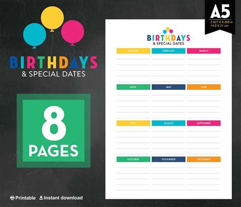 Birthday Calendar Printable, Birthday Planner | Birthday calendar, Birthday tracker, Birthday ...