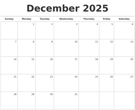 December 2025 blank monthly calendar