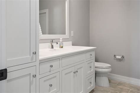 White Cabinets In Bathroom With Gray Walls Custom Builtin Vanity