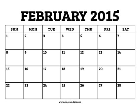 Calendar February 2015 Printable Old Calendars