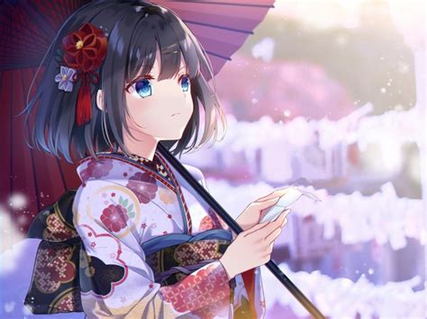 Wallpaper Anime Girl Short Black Hair Kimono Blue Eyes Umbrella