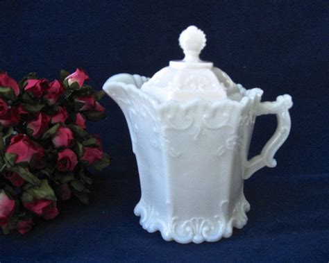 Antique Milk Glass Creamer Crowned Lid • Westmoreland Victorian Design Pitcher • Wedding Bridal